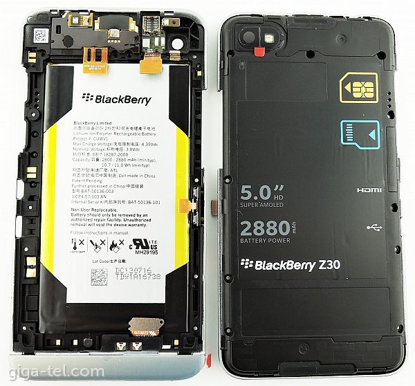 Blackberry Z30 front/middle cover+battery