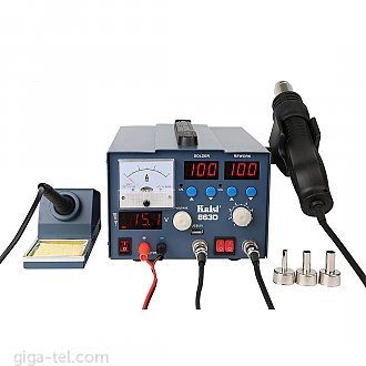 3 in 1 : blowergun, soldering station and DC power supply.Power: 800W,Power supply: 0-15V/ max 3A,Working heat gun temperature: 100-450degree