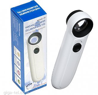 Magnification: 40x /  Lens Diameter: 21mm / Material: Plastic Fram and Optical Lens / 2 LED illuminating lamps /  Batteries: 3 AAA Batteries