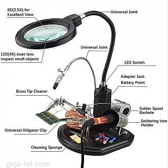 Magnifying Lens Size: Φ85mm+Φ21mm
Magnification: 2.5X(6D)+4X(12D)
Magnification Material: Optical Glass
Light Source: 16 pcs SMD LEDs
Neck Lenght(for magnifier): 265mm
Neck Lenght(for alligator clips): 290mm
Base Size: 185*170mm
Power: DC 5V 0.5A through USB input (cable included)/4 pcs 1.5V AAA batteries(not include)
Net Weight: 1450g