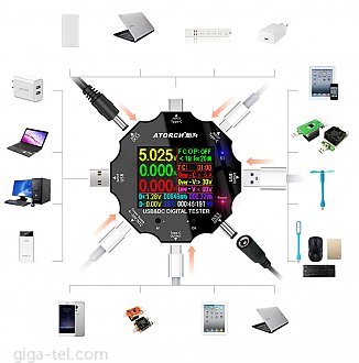 Digital Voltmeter USB3.0/DC/Type-C 18 in 1, suppport bluetooth and wifi 
    Voltage: 3.600 - 32.00 V
    Current: 0.000 - 5.100
    Power calculation: 000.00 - 163.00 W
    Capacity accumulation: 0 – 99999 mAh
    Power accumulation: 0 – 999.9 Wh
    Temperature: 0 - 80 °C
    Timing time: 999H59M59 S
    USB D+ voltage: 0 - 2.99 V
    USB D- voltage: 0 - 2.99 V
    Over-C: Overcurrent protection>5A
    Over-V: Overvoltage protection>30V
    Low-V: Low voltage protection<4V 