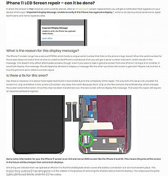 iPhone 11 LCD Incell / IC Repair Non-Genuine warning