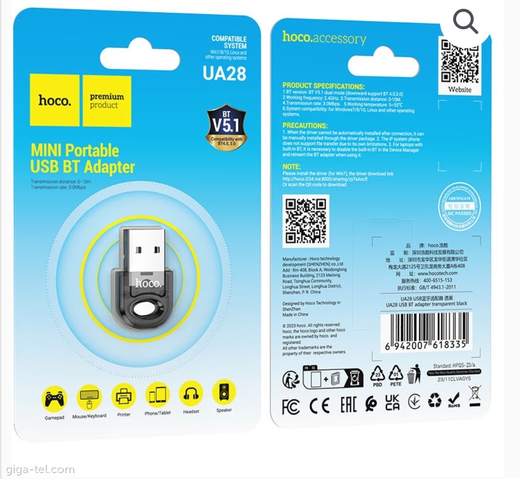 Hoco UA28 Mini USB Bluetooth adaptér / BT v5.1 / black