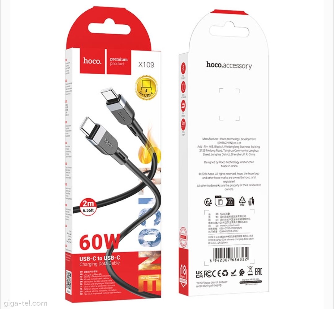 Hoco X109 data cable black USB-C/USB-C, 2m 60W