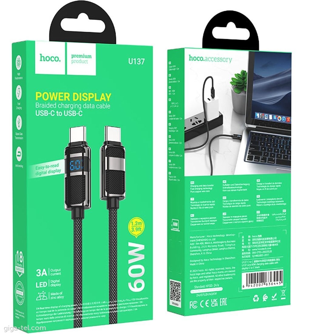 Hoco U137 data cable black USB-C/USB-C 1,2m 3A