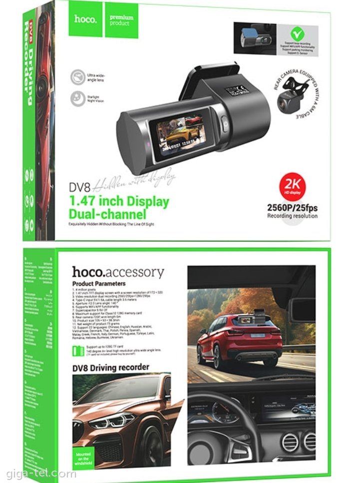 Hoco DV8 Dash cam 2K + 720p dual channel driving recorder